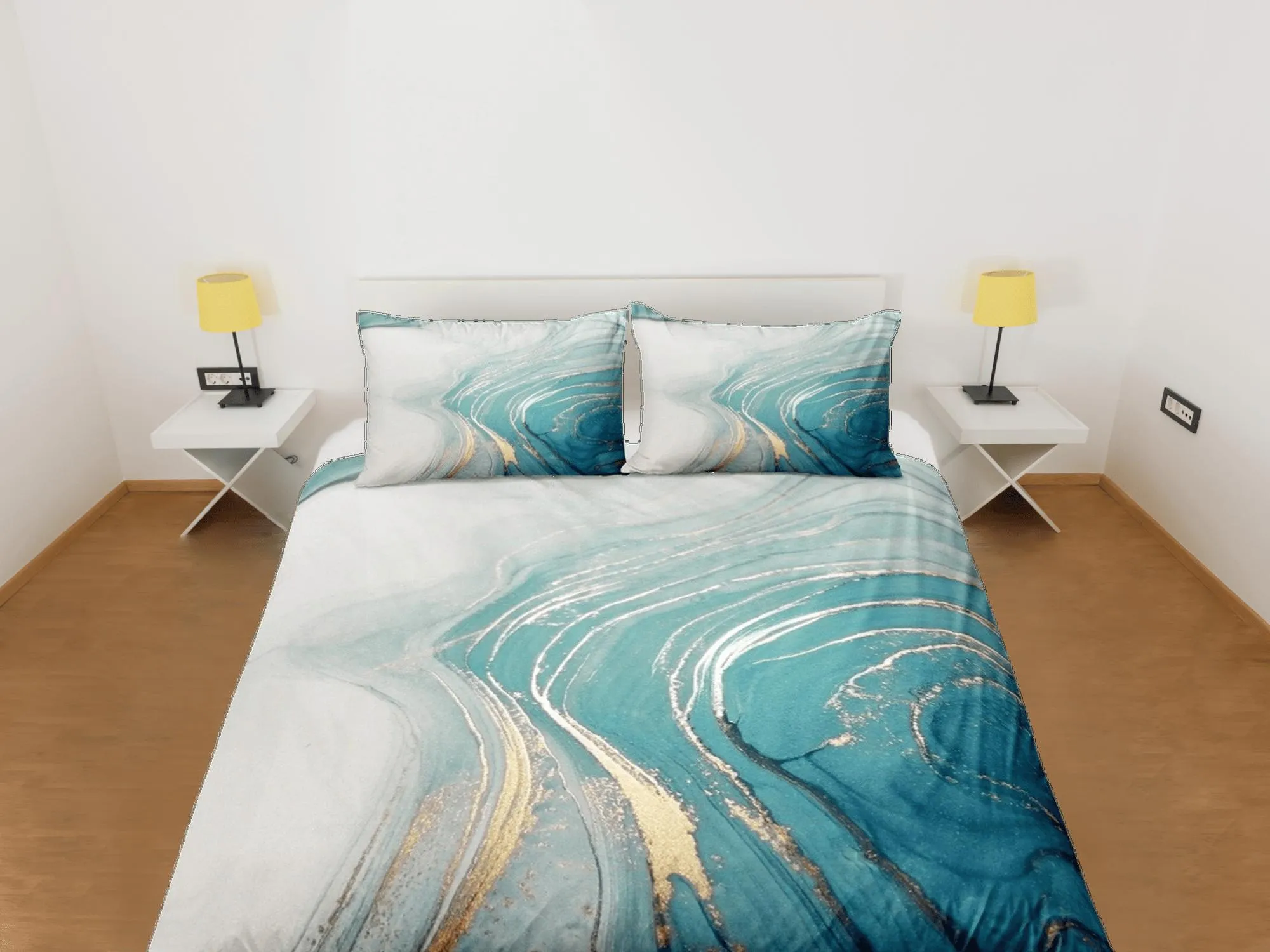 Contemporary bedroom set faded blue aesthetic duvet cover, luxury gold marble abstract art room decor boho chic bedding set full king queen