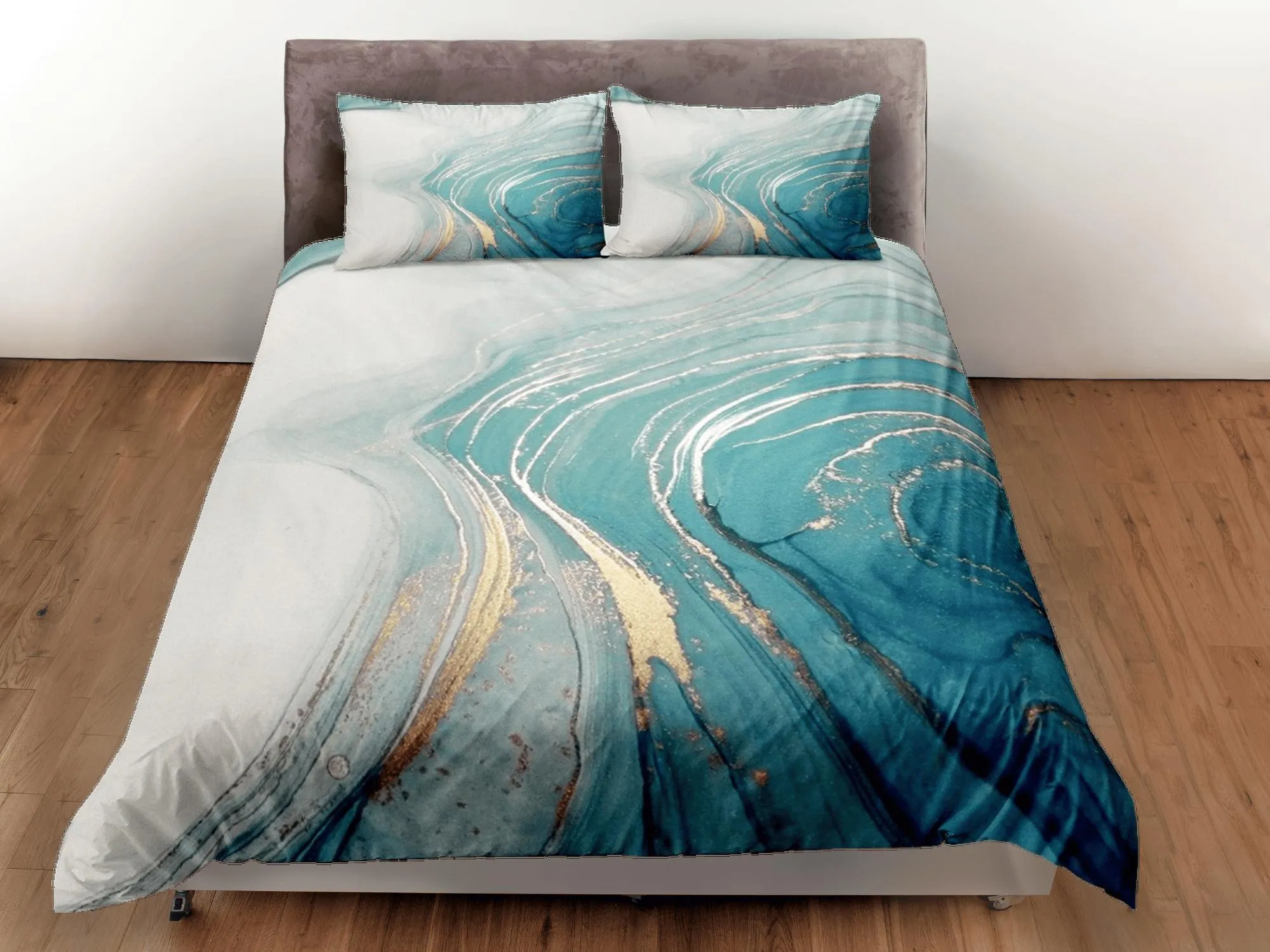 Contemporary bedroom set faded blue aesthetic duvet cover, luxury gold marble abstract art room decor boho chic bedding set full king queen