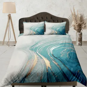 Contemporary bedroom set faded blue aesthetic duvet cover, luxury gold marble abstract art room decor boho chic bedding set full king queen