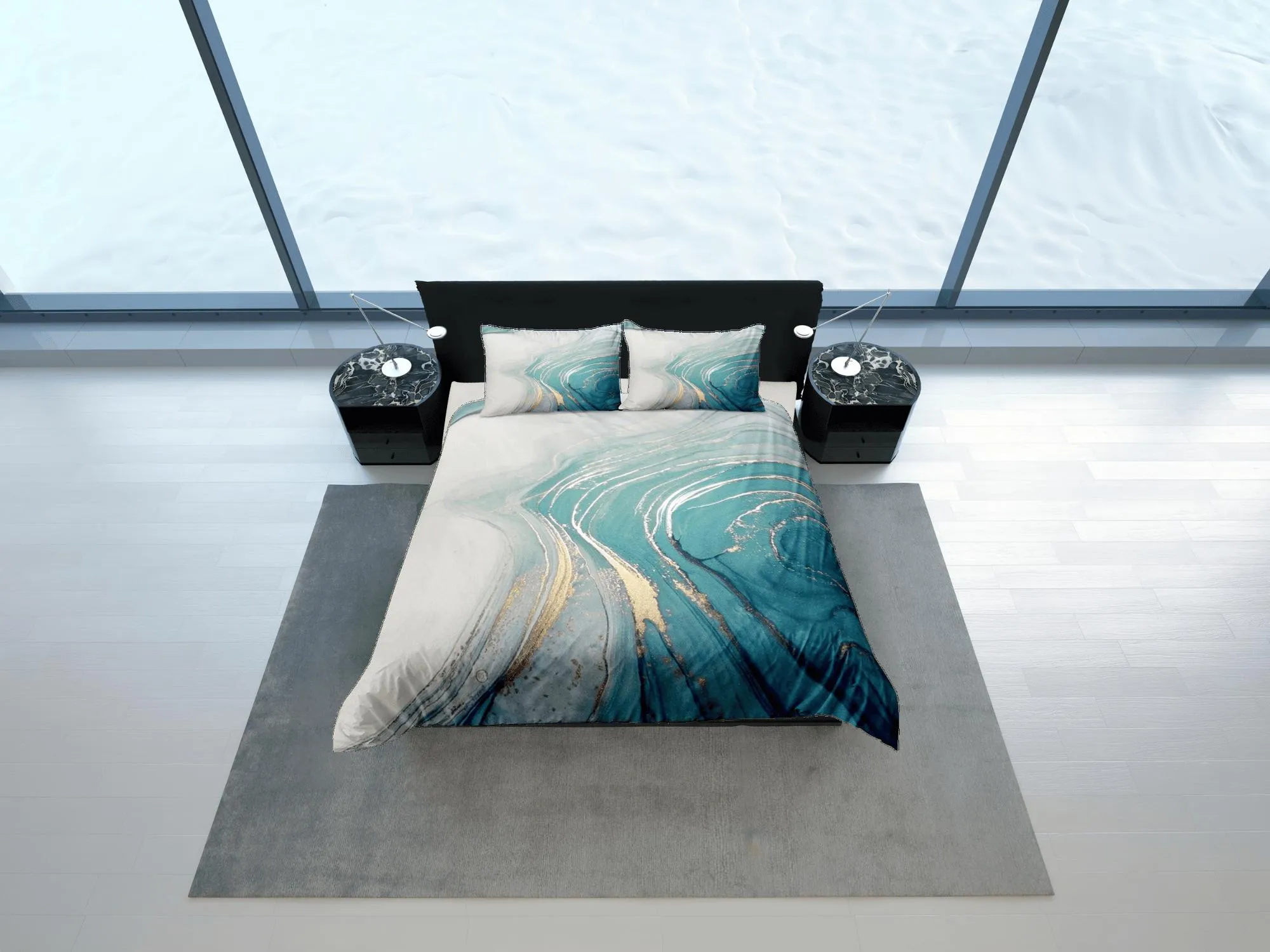 Contemporary bedroom set faded blue aesthetic duvet cover, luxury gold marble abstract art room decor boho chic bedding set full king queen