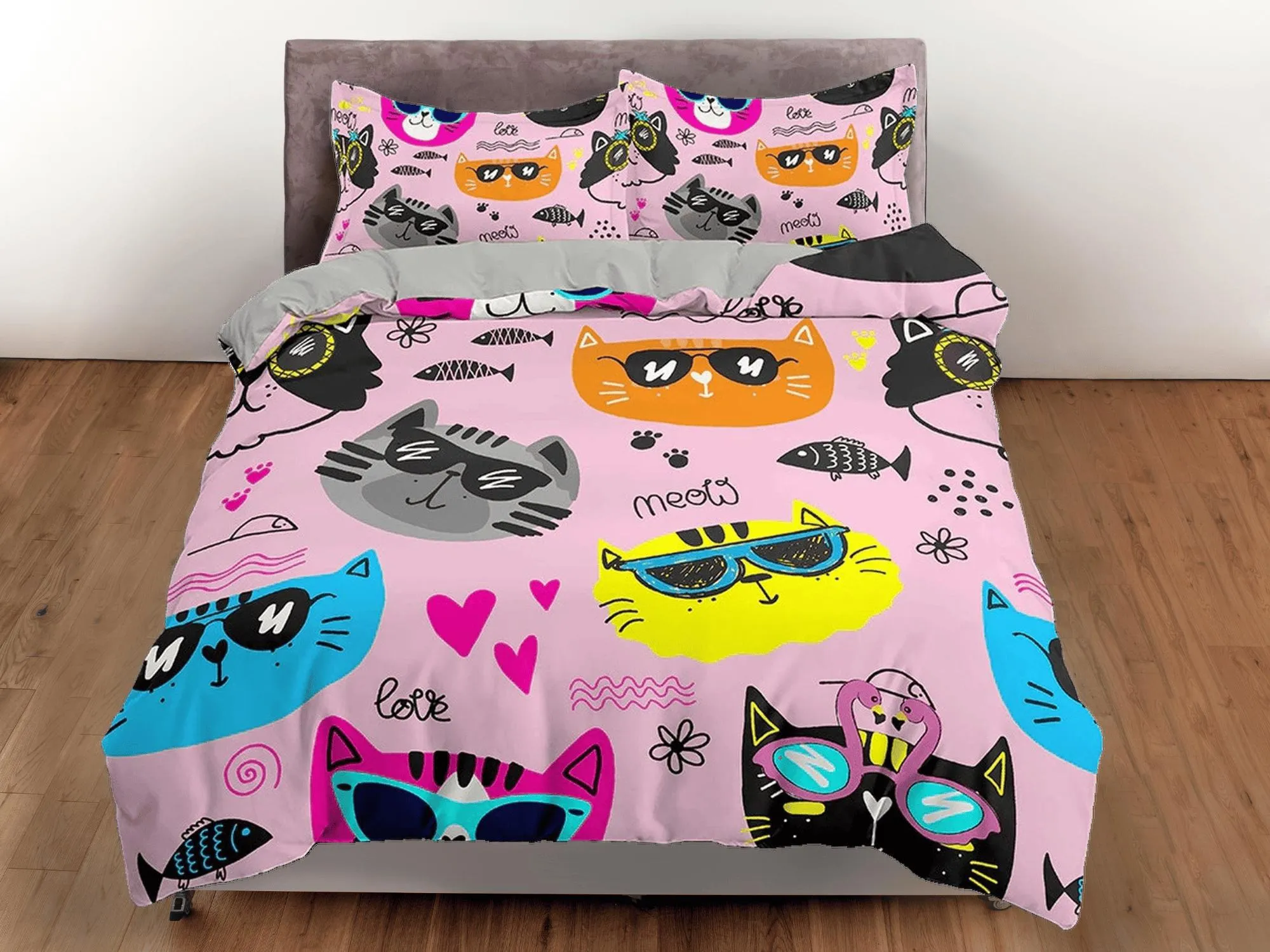 Cool Cats in Different Colors Kids Pink Duvet Cover Set, Toddler Bedding, Kids Bedroom, Cute Bedding, Duvet King Queen Full Twin Single