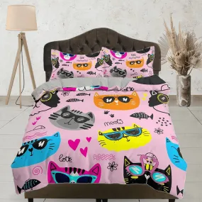 Cool Cats in Different Colors Kids Pink Duvet Cover Set, Toddler Bedding, Kids Bedroom, Cute Bedding, Duvet King Queen Full Twin Single