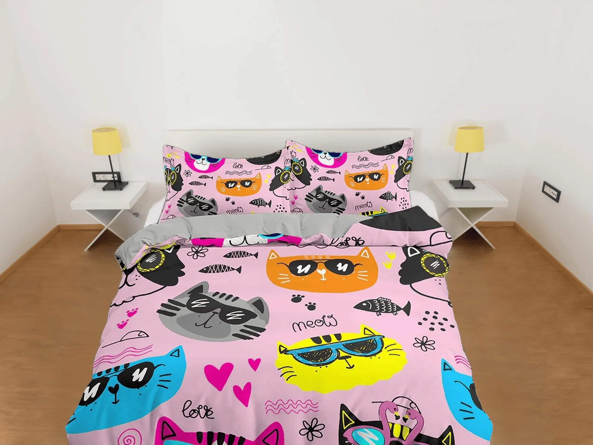 Cool Cats in Different Colors Kids Pink Duvet Cover Set, Toddler Bedding, Kids Bedroom, Cute Bedding, Duvet King Queen Full Twin Single