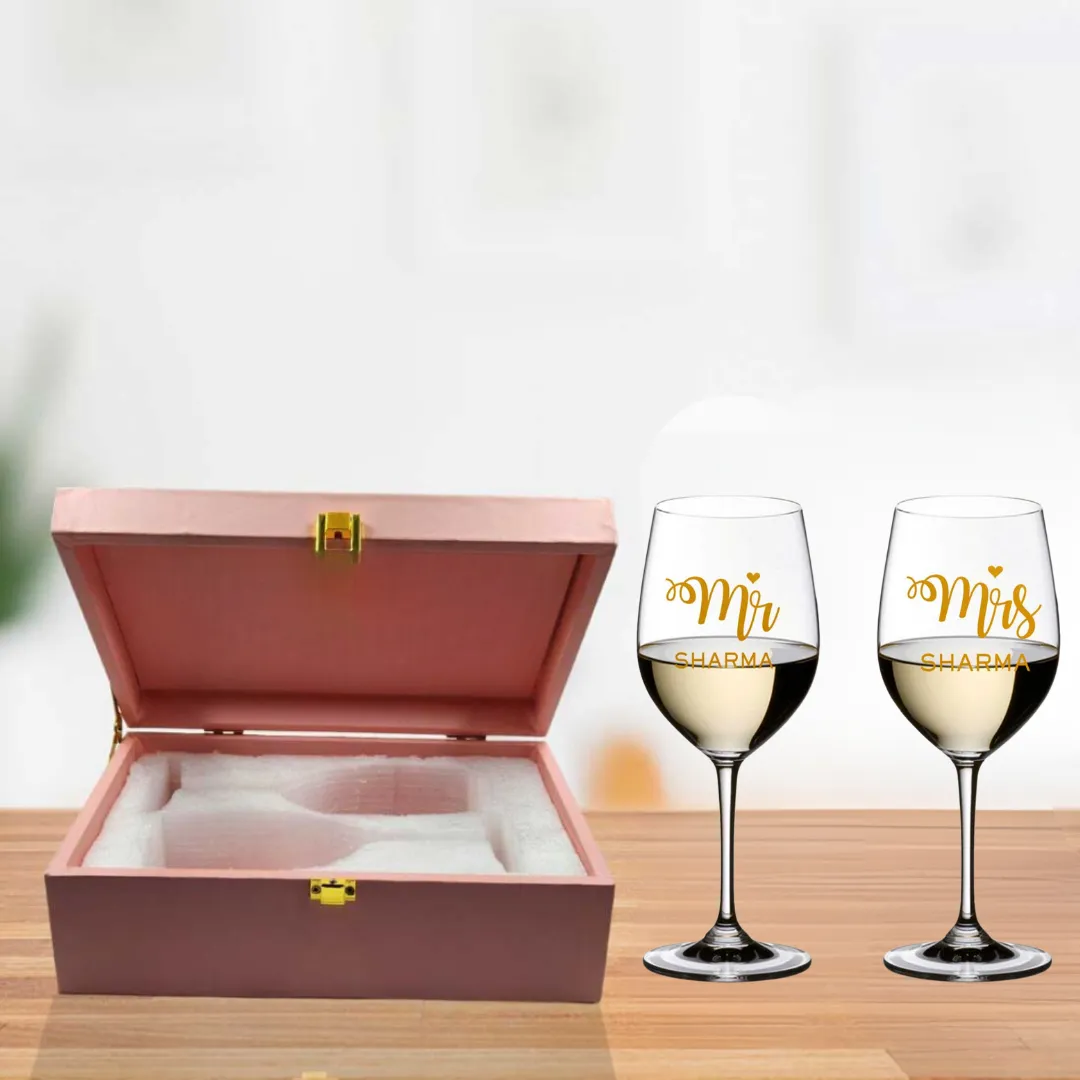 Custom Wine Glasses Set Of 2 Gifts for Couples - Mr & Mrs