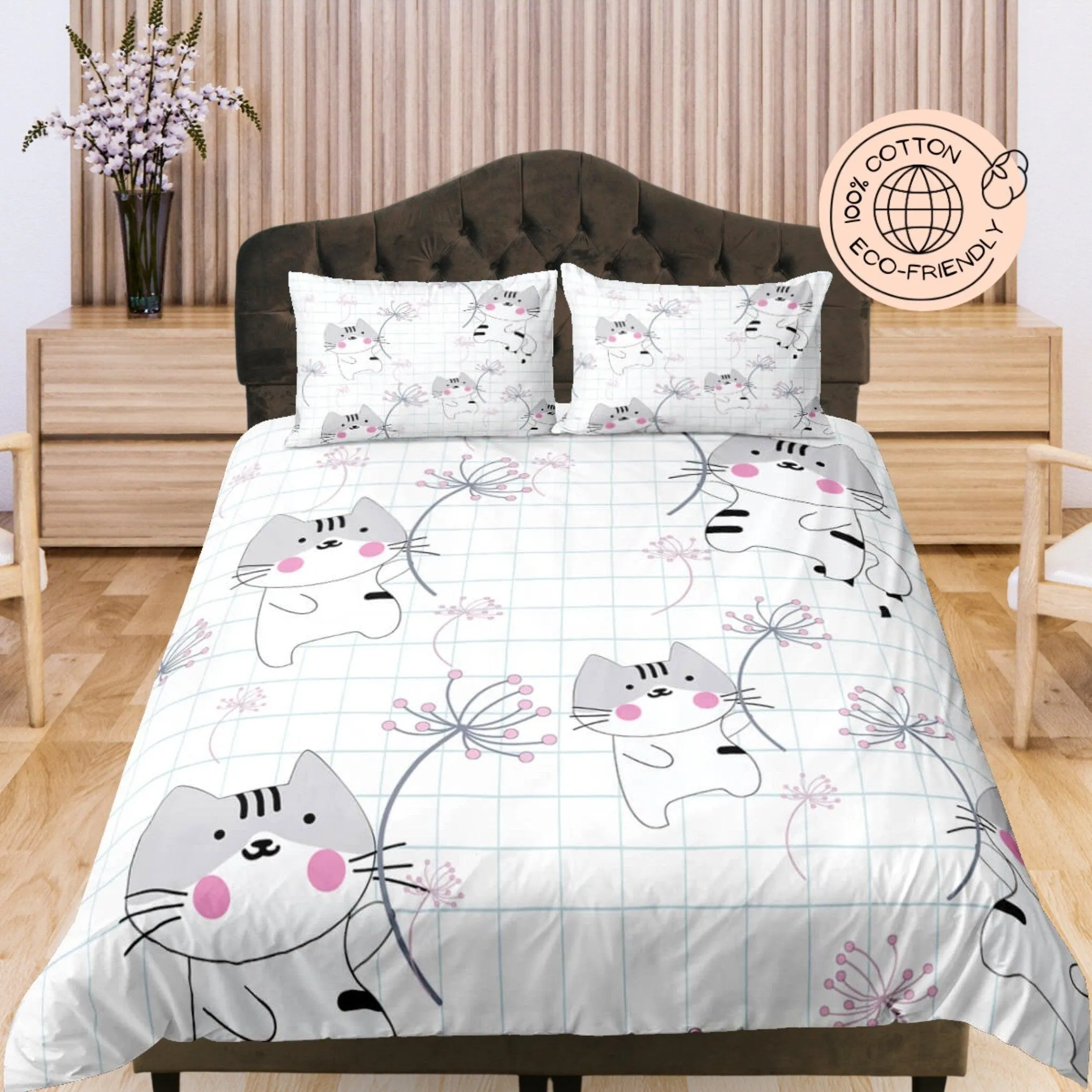 Cute Cats Dandellion, White Cotton Duvet Cover Set for Kids, Toddler Bedding, Baby Zipper Bedding, Nursery Cotton Bedding, Crib Blanket