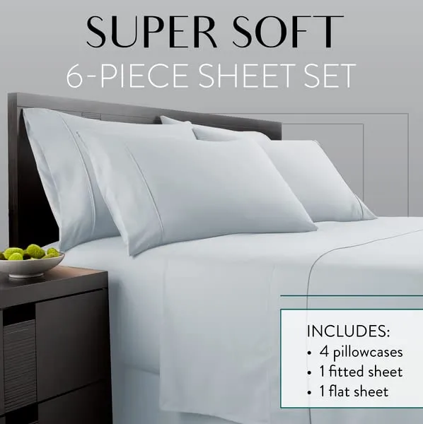 Danjor Linens Queen Sheet Set - 6 Piece Set Including 4 Pillowcases - Deep Pockets - Breathable, Soft Bed Sheets - Wrinkle Free - Machine Washable - Ice Blue Sheets for Queen Size Bed - 6 pc