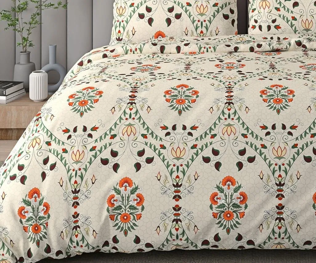 DECOMIZER Cotton Feel Glace Cotton Elastic Fitted Printed King Size Double Bed Bedsheet With 2 Pillow Coverm Fits Upto 10 To 12 Inches Mattress,Size- 72X78X14 Inches,Beige Jaipuri, 300 Tc