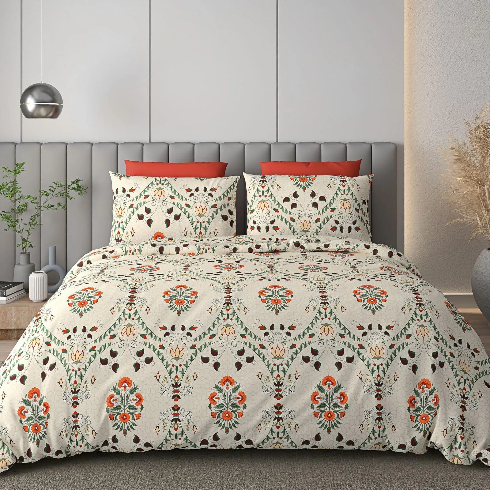 DECOMIZER Cotton Feel Glace Cotton Elastic Fitted Printed King Size Double Bed Bedsheet With 2 Pillow Coverm Fits Upto 10 To 12 Inches Mattress,Size- 72X78X14 Inches,Beige Jaipuri, 300 Tc