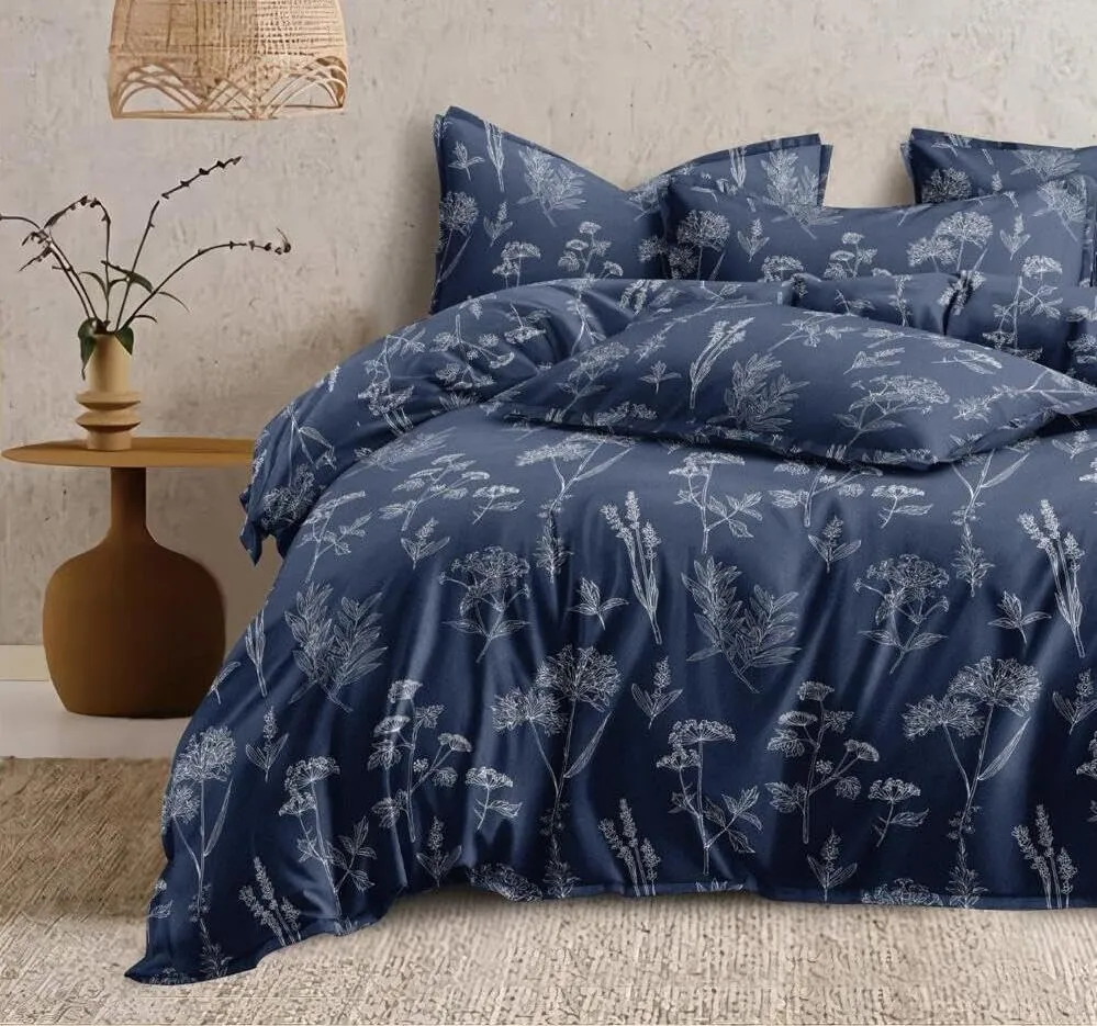 DECOR2ADMIRE 300TC Premium Glace Cotton Printed Super King Size Double Bedsheet with Two Pillow Covers, 108 * 108 Inches or 9ft by 9ft or 275 cm x 275 cm (Navy Blue Floral Print)