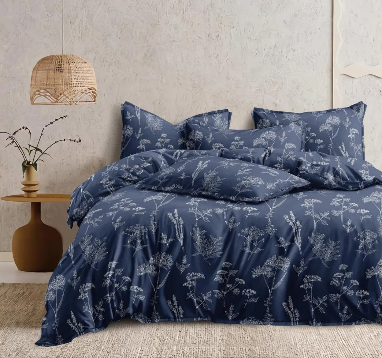 DECOR2ADMIRE 300TC Premium Glace Cotton Printed Super King Size Double Bedsheet with Two Pillow Covers, 108 * 108 Inches or 9ft by 9ft or 275 cm x 275 cm (Navy Blue Floral Print)