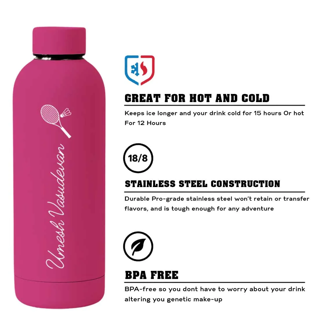 Double Insulated Name Bottle Stainless Steel Water Bottles for Travel Office Gym Home - BPA Free, Leakproof