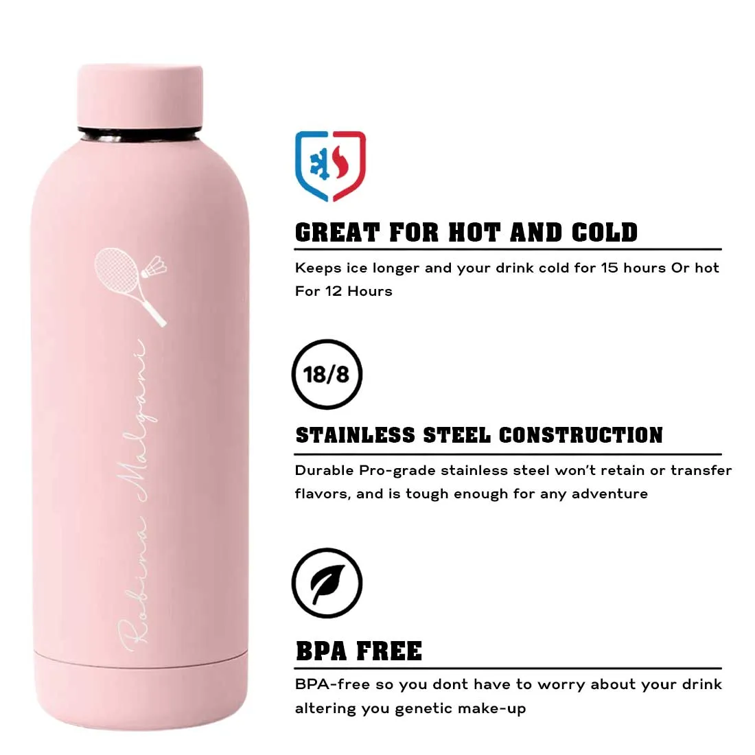 Double Insulated Name Bottle Stainless Steel Water Bottles for Travel Office Gym Home - BPA Free, Leakproof