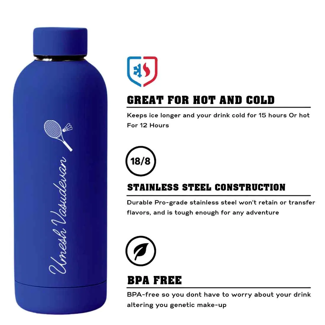 Double Insulated Name Bottle Stainless Steel Water Bottles for Travel Office Gym Home - BPA Free, Leakproof