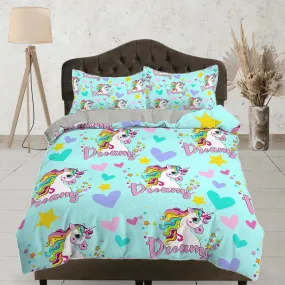 Dream unicorn, colorful toddler bedding, unique duvet cover for nursery kids, crib bedding, baby zipper bedding, king queen full twin