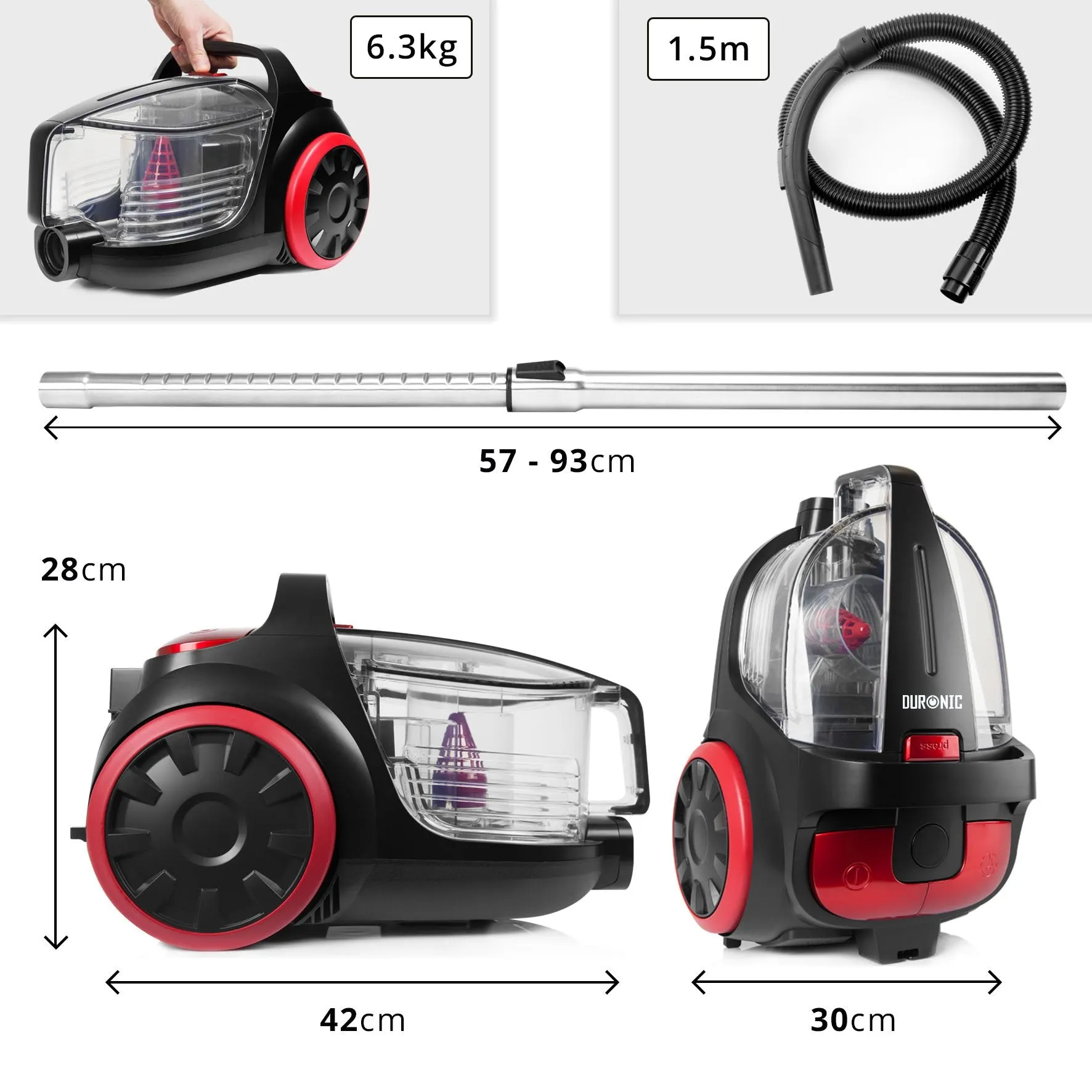 Duronic Bagless Cylinder Vacuum Cleaner VC5010, Cyclonic Carpet and Hard Floor Cleaner, 500W, Lightweight and Low Noise, HEPA Filter, Extendable Hose, Comes with 4 Attachments [Energy Class A ]