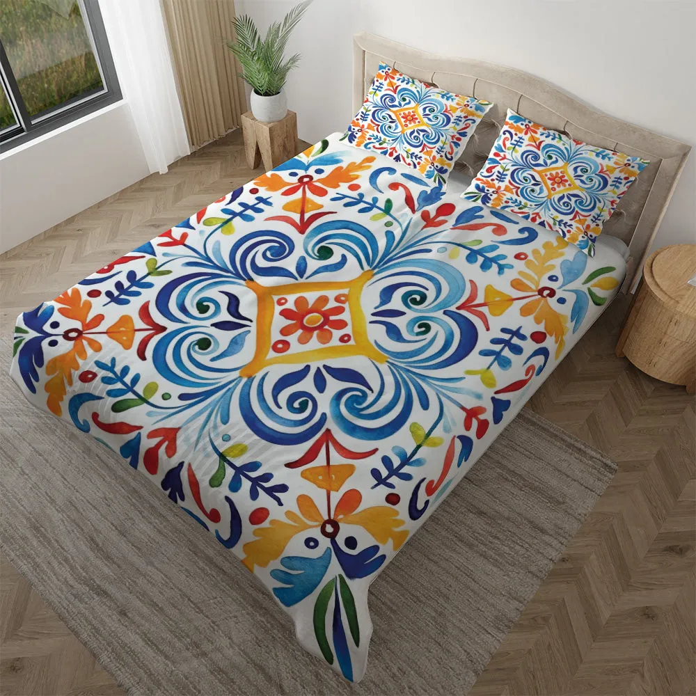 Duvet cover with matching Pillow cases | Luxury Bedding set | Twin, Queen, King Sizes | Mexican Art Swirls