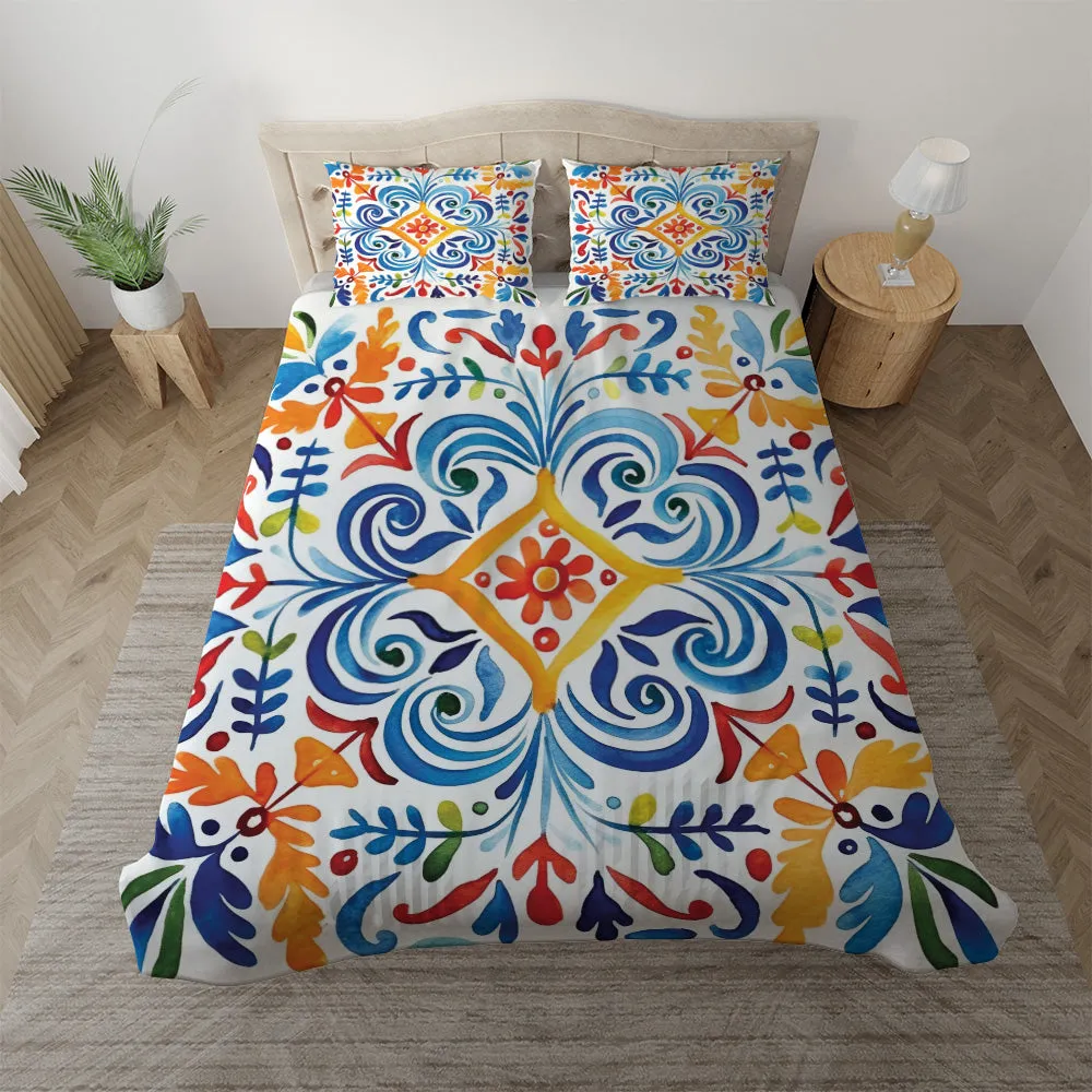 Duvet cover with matching Pillow cases | Luxury Bedding set | Twin, Queen, King Sizes | Mexican Art Swirls