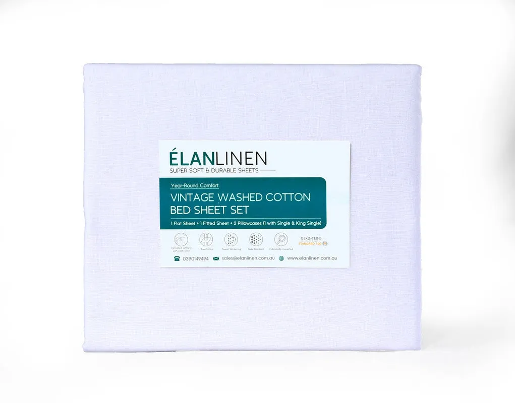 Elan Linen 100% Egyptian Cotton Vintage Washed 500TC White 50 cm deep Mega King Bed Sheets Set