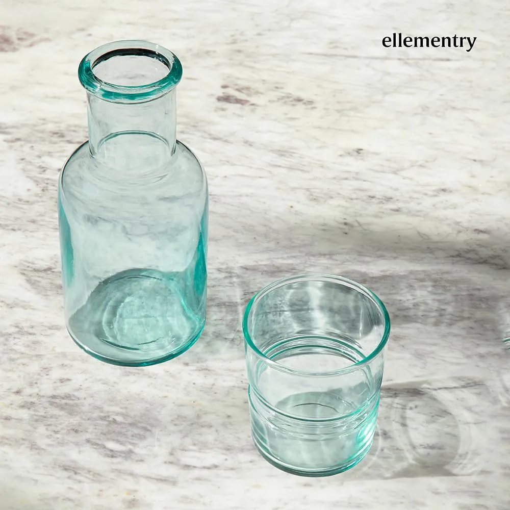 Ellementry JOVE Blue Carafe with Tumbler|Bedside Water Carafe Set | Tumbler Glass for Bedroom Nightstand | Night Water Jug with Cup Glass |Clear Glass Juice/Water Pitcher with Cup for Kitchen