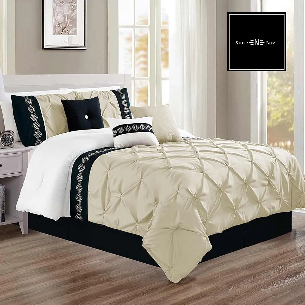 Embroidered Pintuck Duvet 8 Pieces - Cream & Black