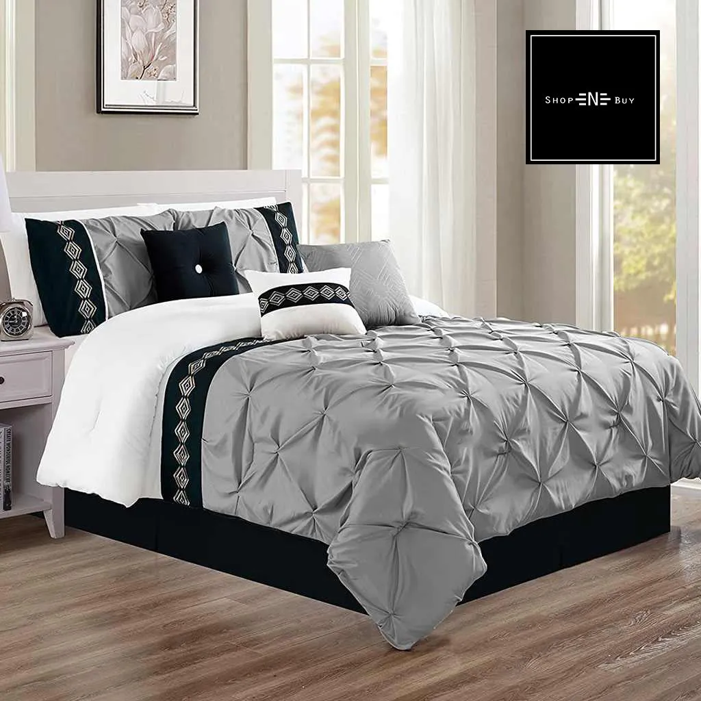 Embroidered Pintuck Duvet 8 Pieces - Silver Grey & Black