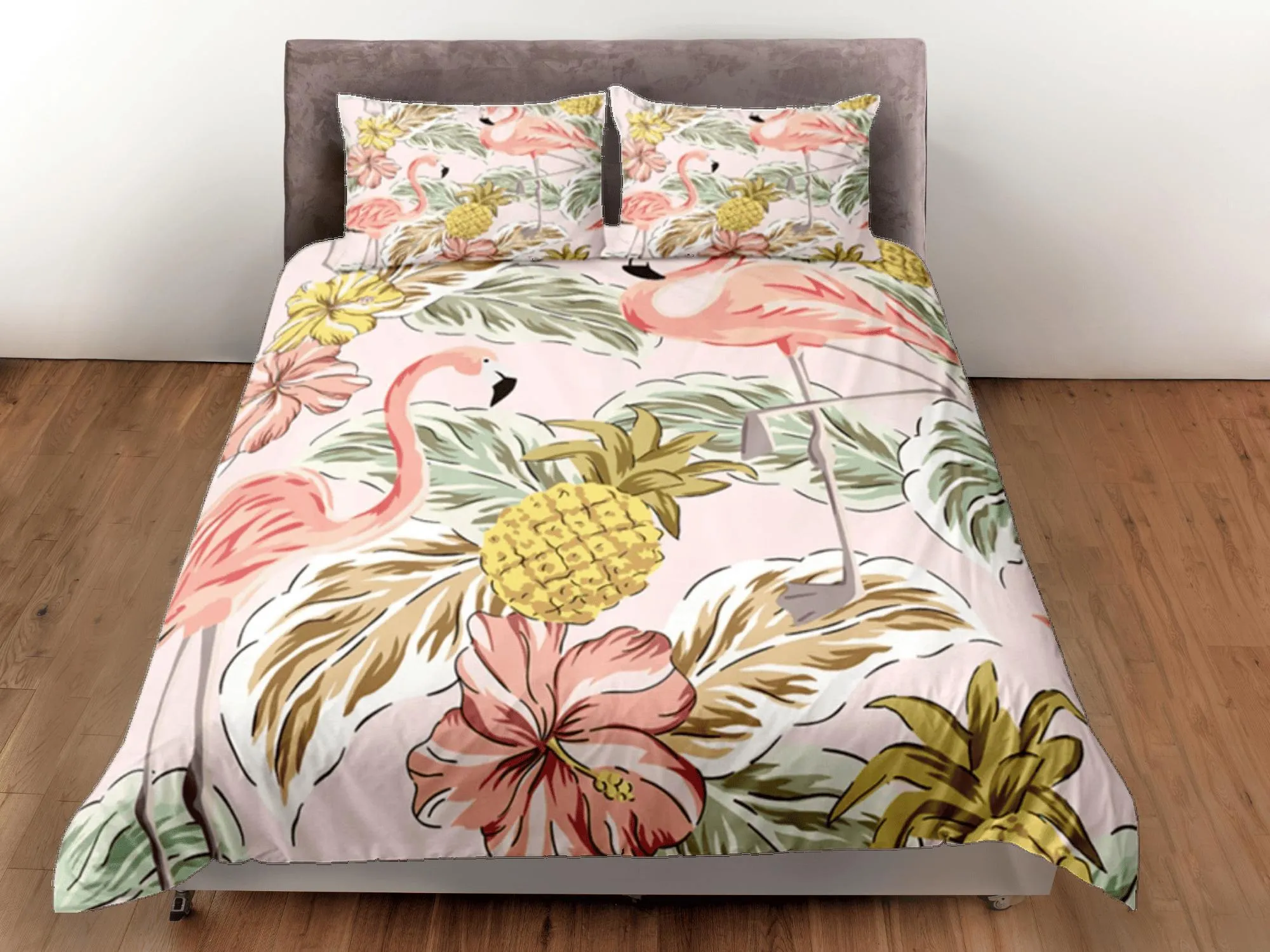 Flamingo Duvet Cover Set Cute Bedspread, Tropical Theme Dorm Bedding & Pillowcase