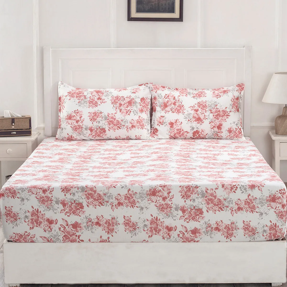 Florescence Aster Print Red Fitted Sheet With Pillow Covers