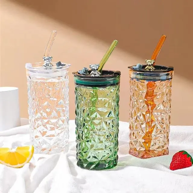 GLASS MUG WITH LID AND STRAW 400ML - PACK OF 3