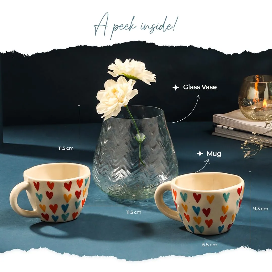 Gleevers Diwali Gift Pack |Diwali Gift Pack of 3 with Textured Glass Flower Vase & 2 Ceramic Mugs (Vase   2 Mugs (Colorful Heart))