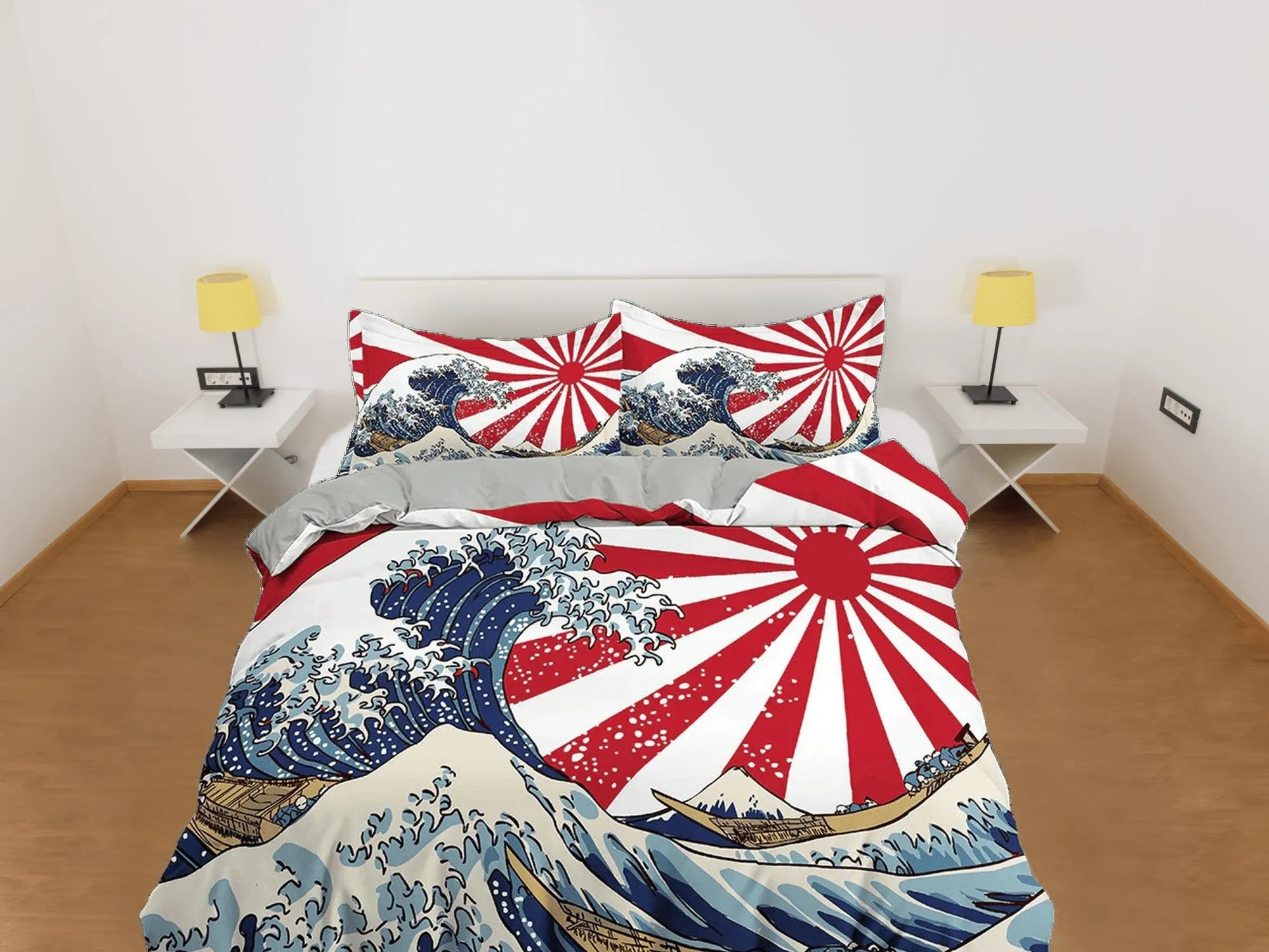 Great Wave Bedding, Japanese Bedding, Japan Old Flag, Oriental Bed Coverlet, Aesthetic Red Duvet Cover King Queen Full Twin Double Single