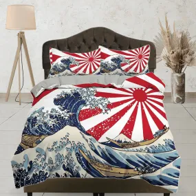 Great Wave Bedding, Japanese Bedding, Japan Old Flag, Oriental Bed Coverlet, Aesthetic Red Duvet Cover King Queen Full Twin Double Single