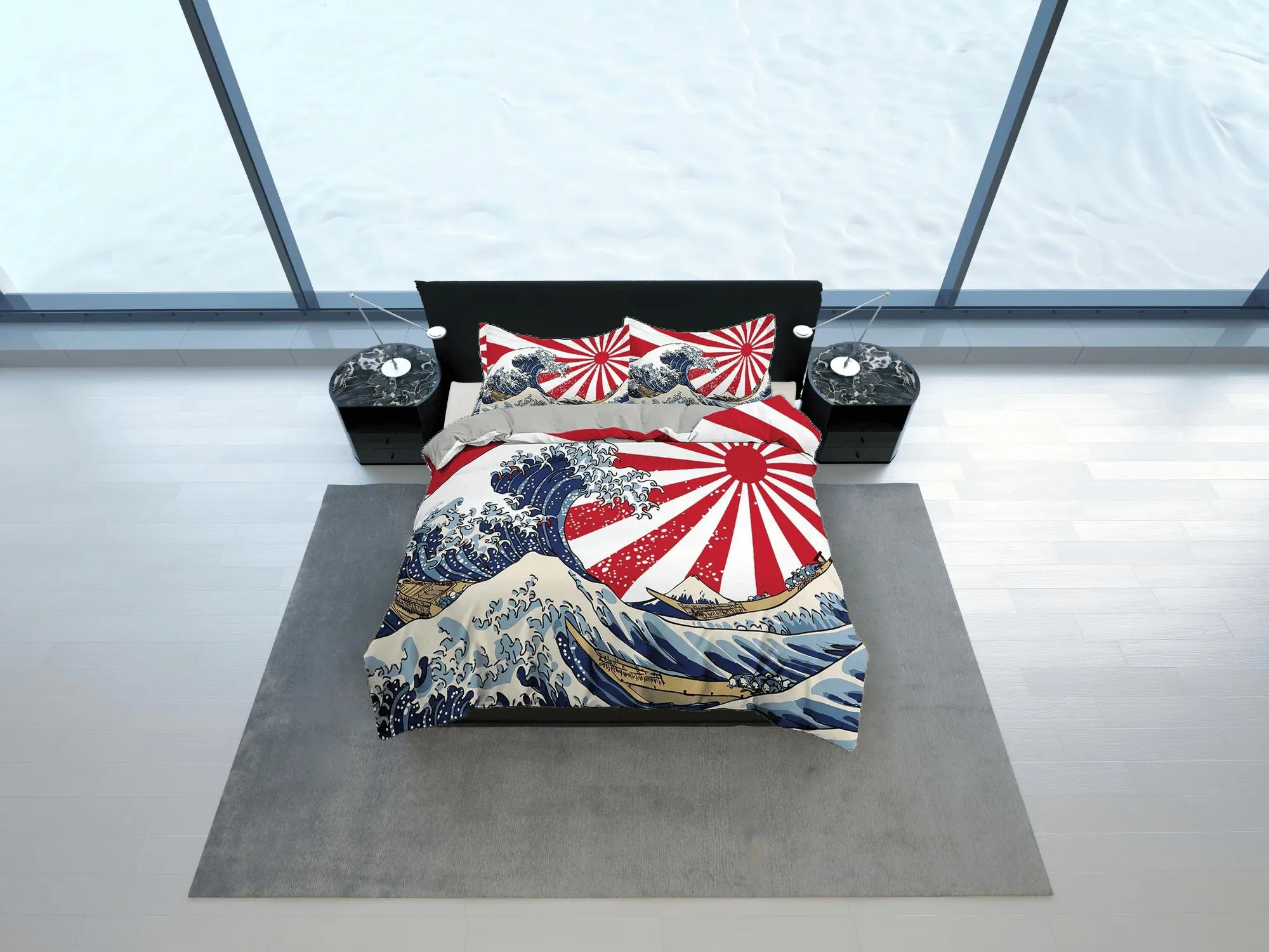 Great Wave Bedding, Japanese Bedding, Japan Old Flag, Oriental Bed Coverlet, Aesthetic Red Duvet Cover King Queen Full Twin Double Single