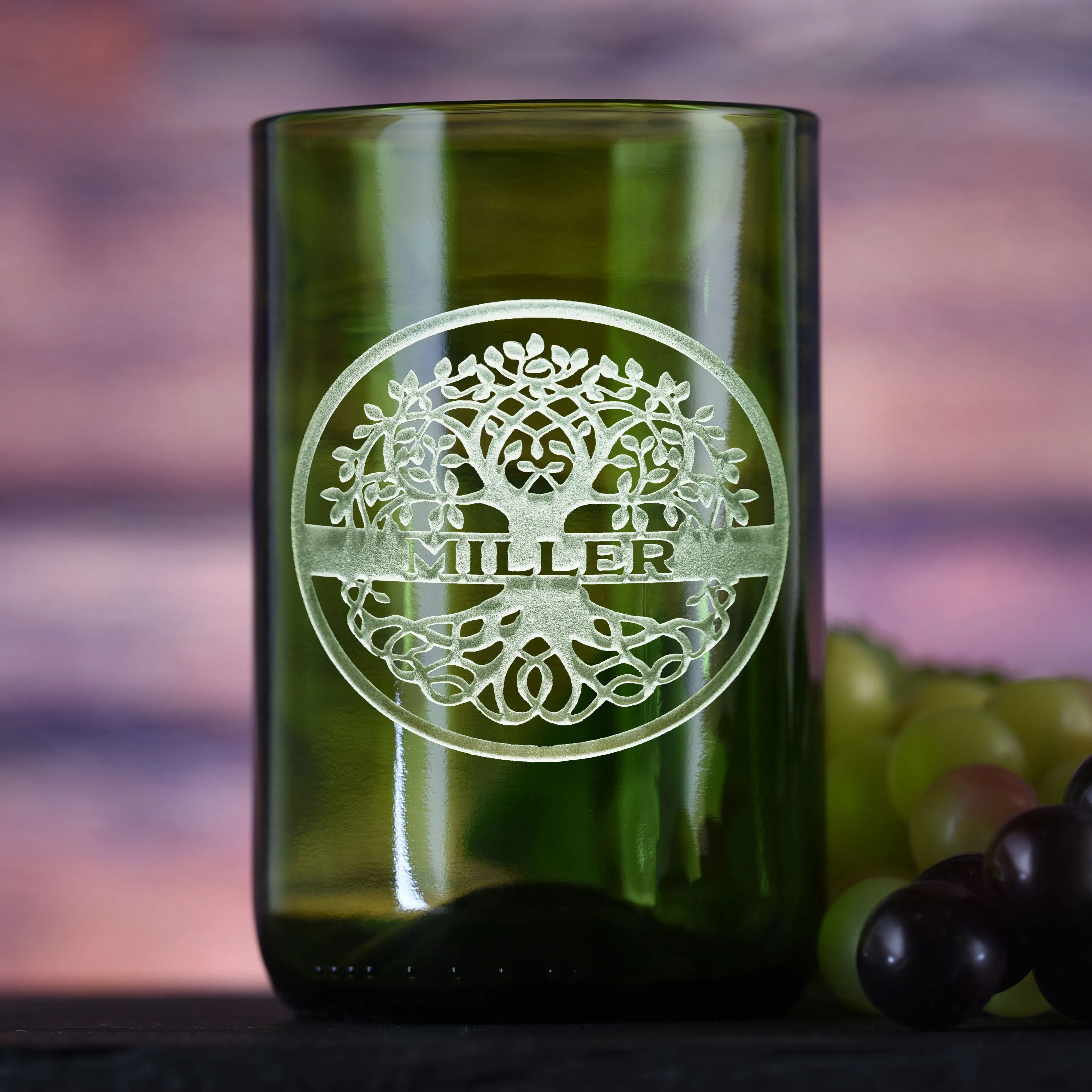 Green Recycled Wine Bottle Glass Tumbler, Family Tree