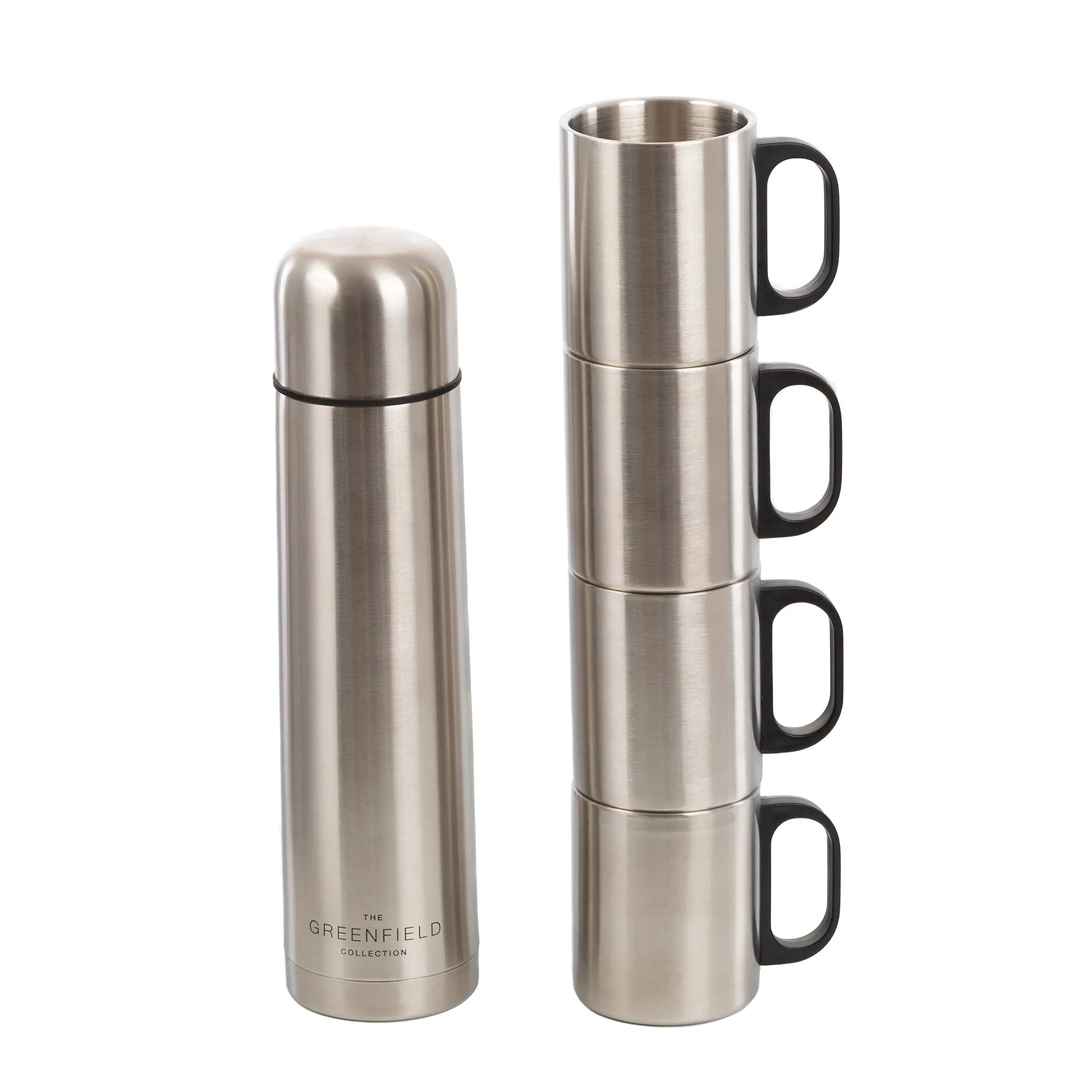 Greenfield Collection Insulated Stainless Steel Flask and 4 Mugs