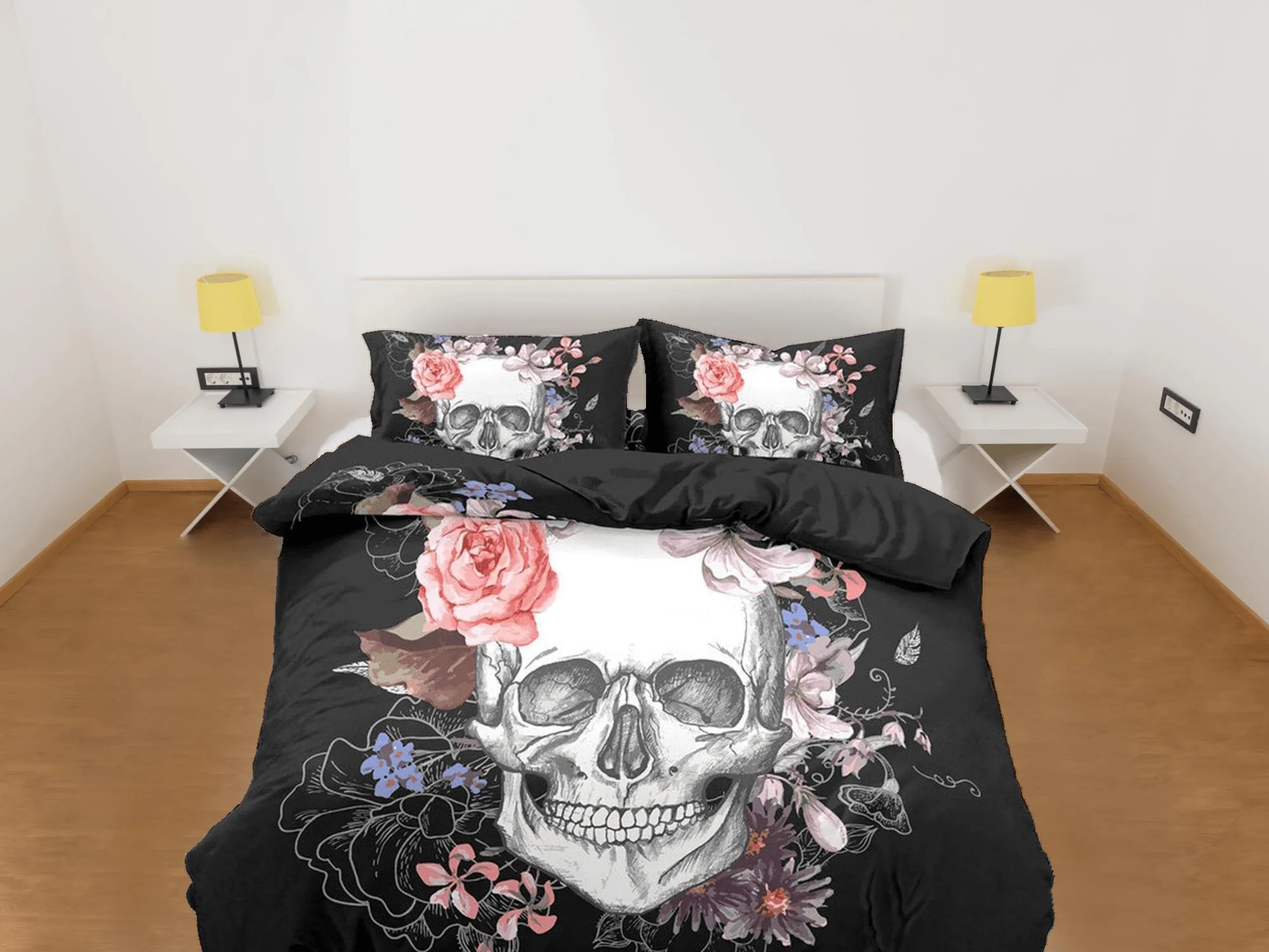 Halloween Bedding Skull and Roses Black Duvet Cover Set Floral Gothic Bedspread Dorm Bedding Pillowcase Comforter Cover, Halloween Gift