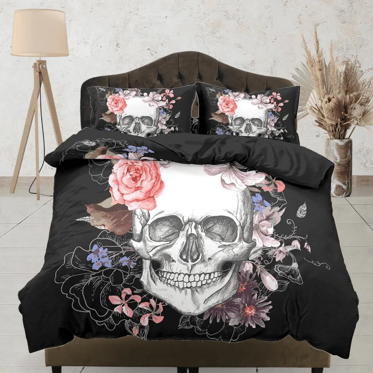 Halloween Bedding Skull and Roses Black Duvet Cover Set Floral Gothic Bedspread Dorm Bedding Pillowcase Comforter Cover, Halloween Gift