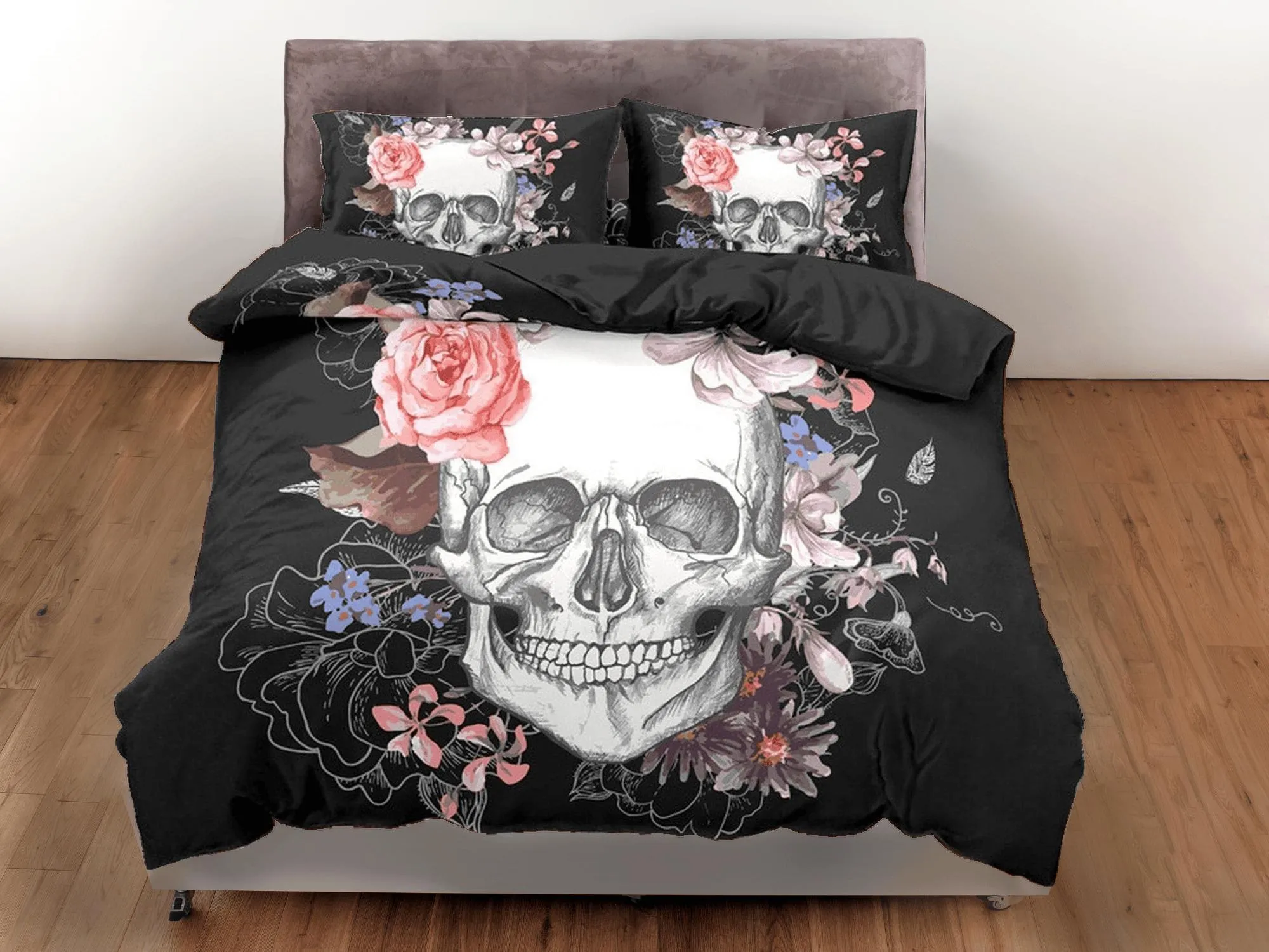 Halloween Bedding Skull and Roses Black Duvet Cover Set Floral Gothic Bedspread Dorm Bedding Pillowcase Comforter Cover, Halloween Gift