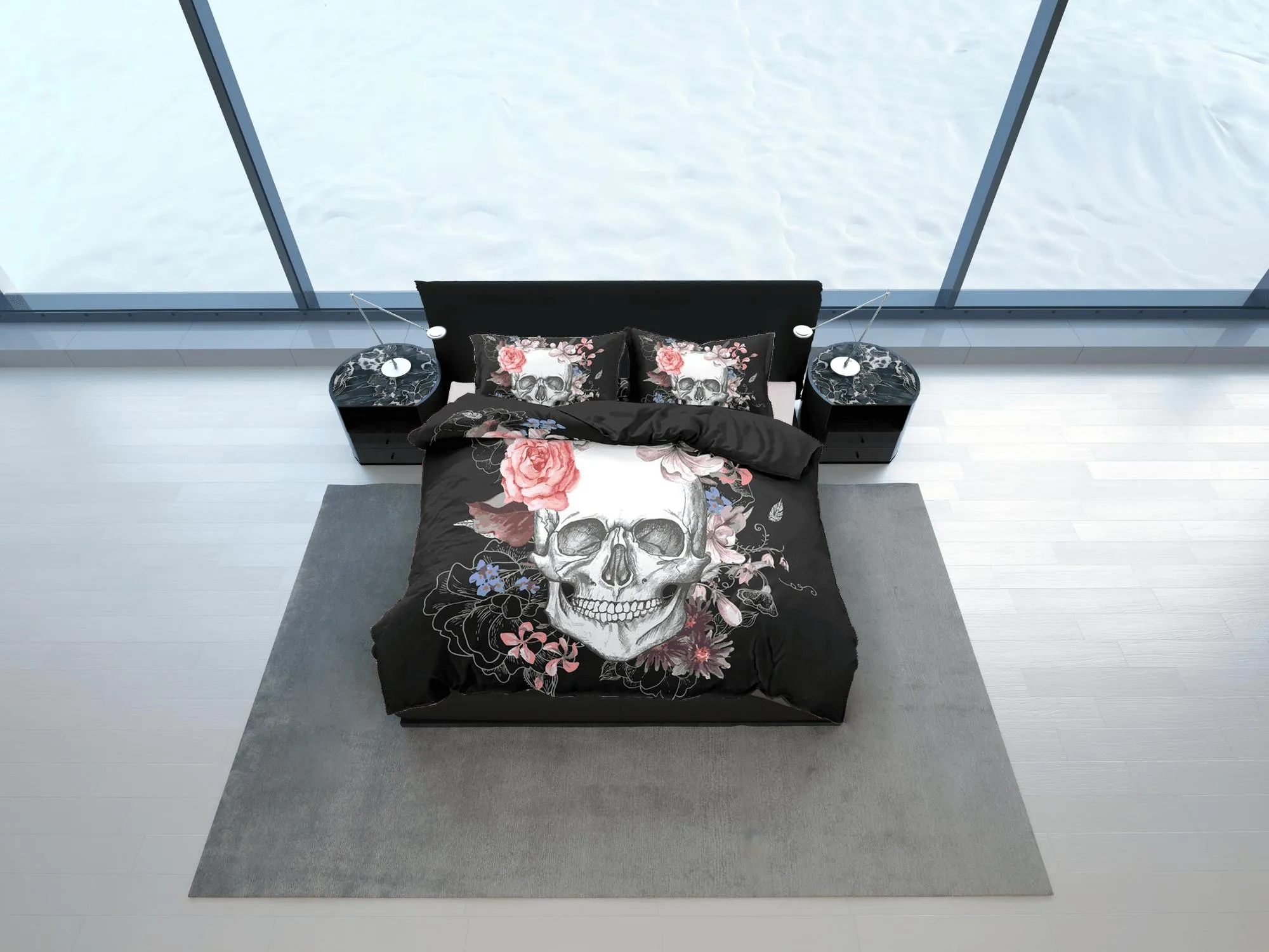 Halloween Bedding Skull and Roses Black Duvet Cover Set Floral Gothic Bedspread Dorm Bedding Pillowcase Comforter Cover, Halloween Gift