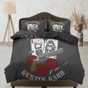 Halloween Bedding Skull Guns Roses Black Duvet Cover Set Gangster Bedspread Dorm Bedding, Pillowcase Comforter Cover, Halloween Gift