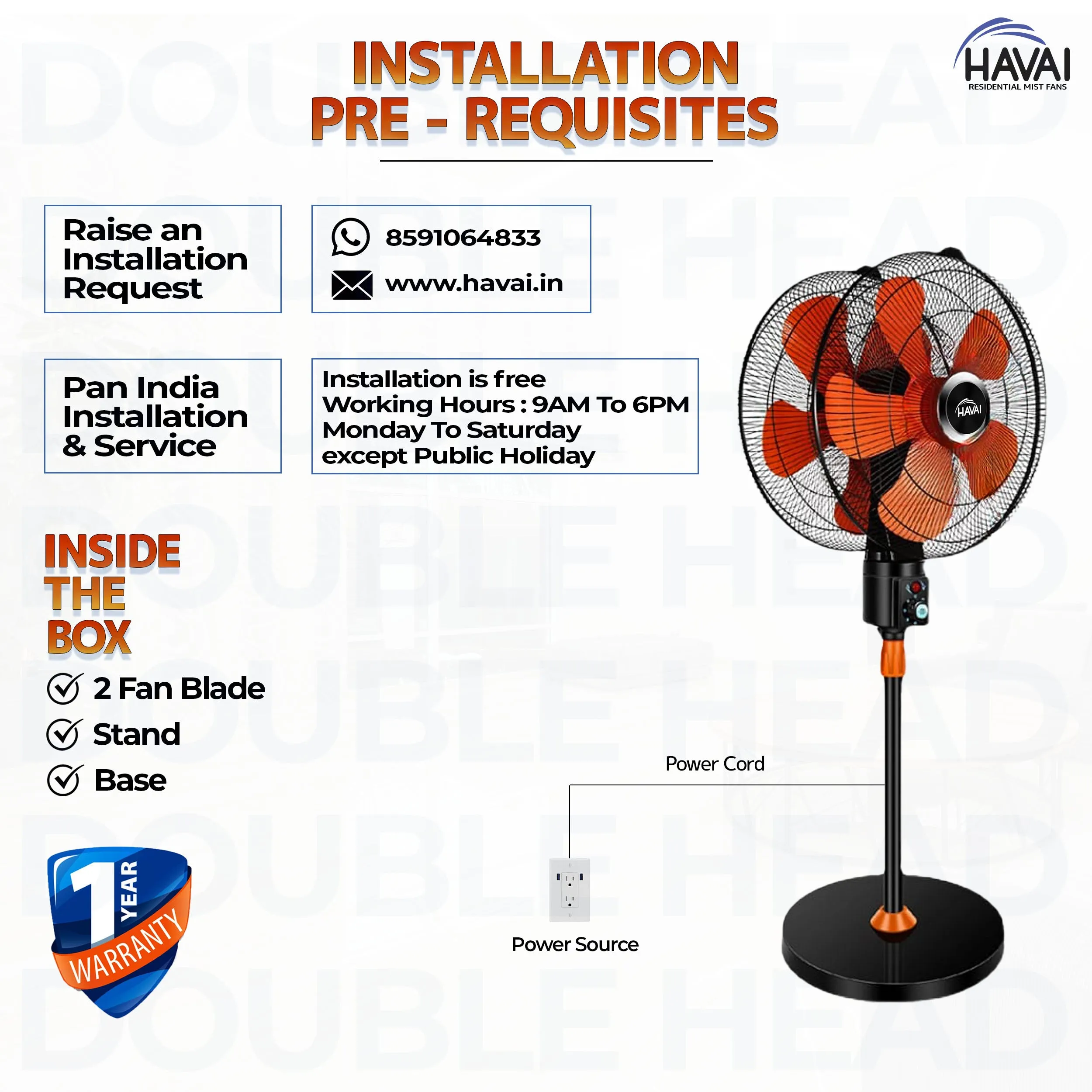 HAVAI DOUBLE HEAD 360 DEGREE FAN |18 INCH|REMOTE CONTROL, DOUBLE HEADED, 360 Degree Coverage, Pedestal | 1 Year Warranty | 3 SPEED CONTROL | ORANGE AND BLACK