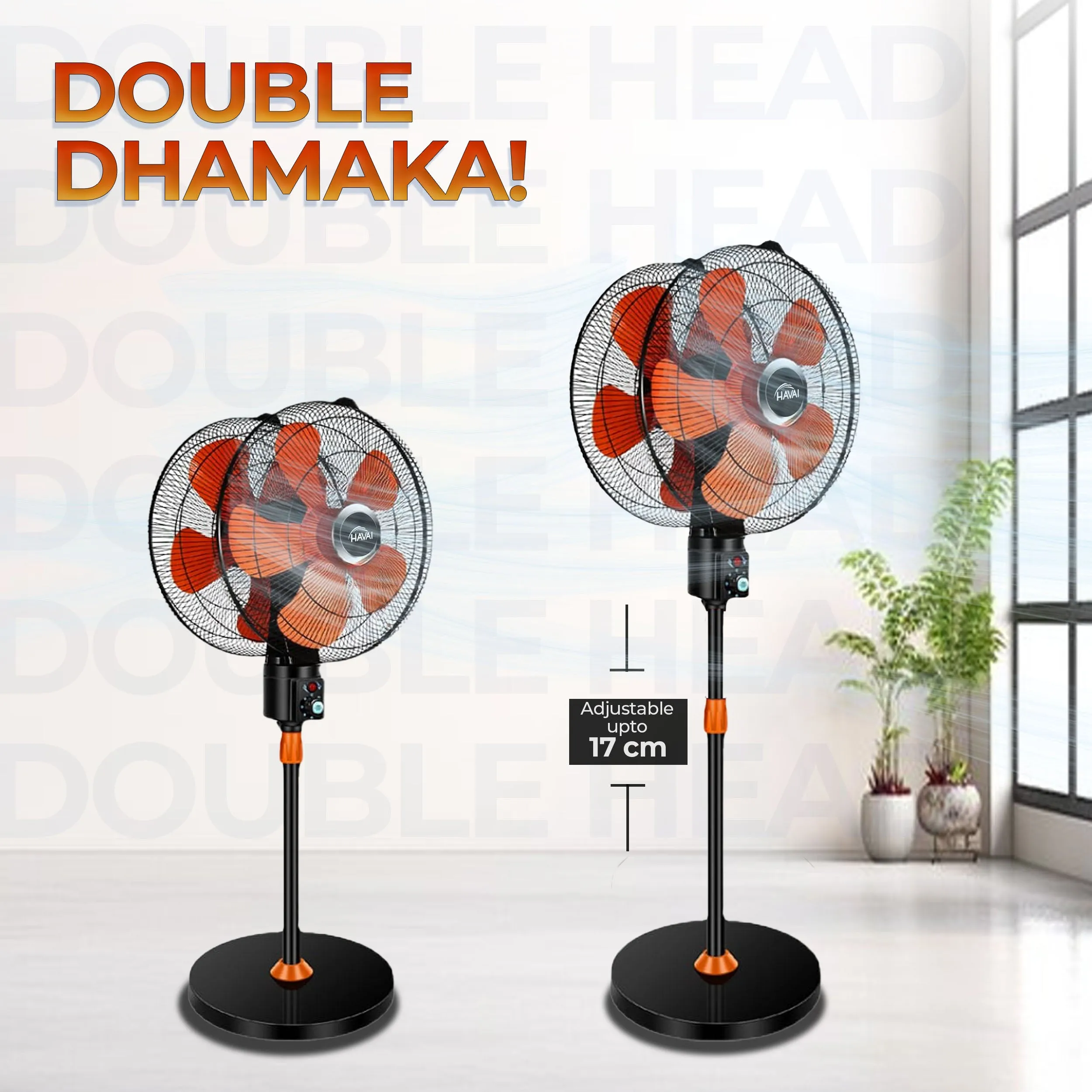 HAVAI DOUBLE HEAD 360 DEGREE FAN |18 INCH|REMOTE CONTROL, DOUBLE HEADED, 360 Degree Coverage, Pedestal | 1 Year Warranty | 3 SPEED CONTROL | ORANGE AND BLACK