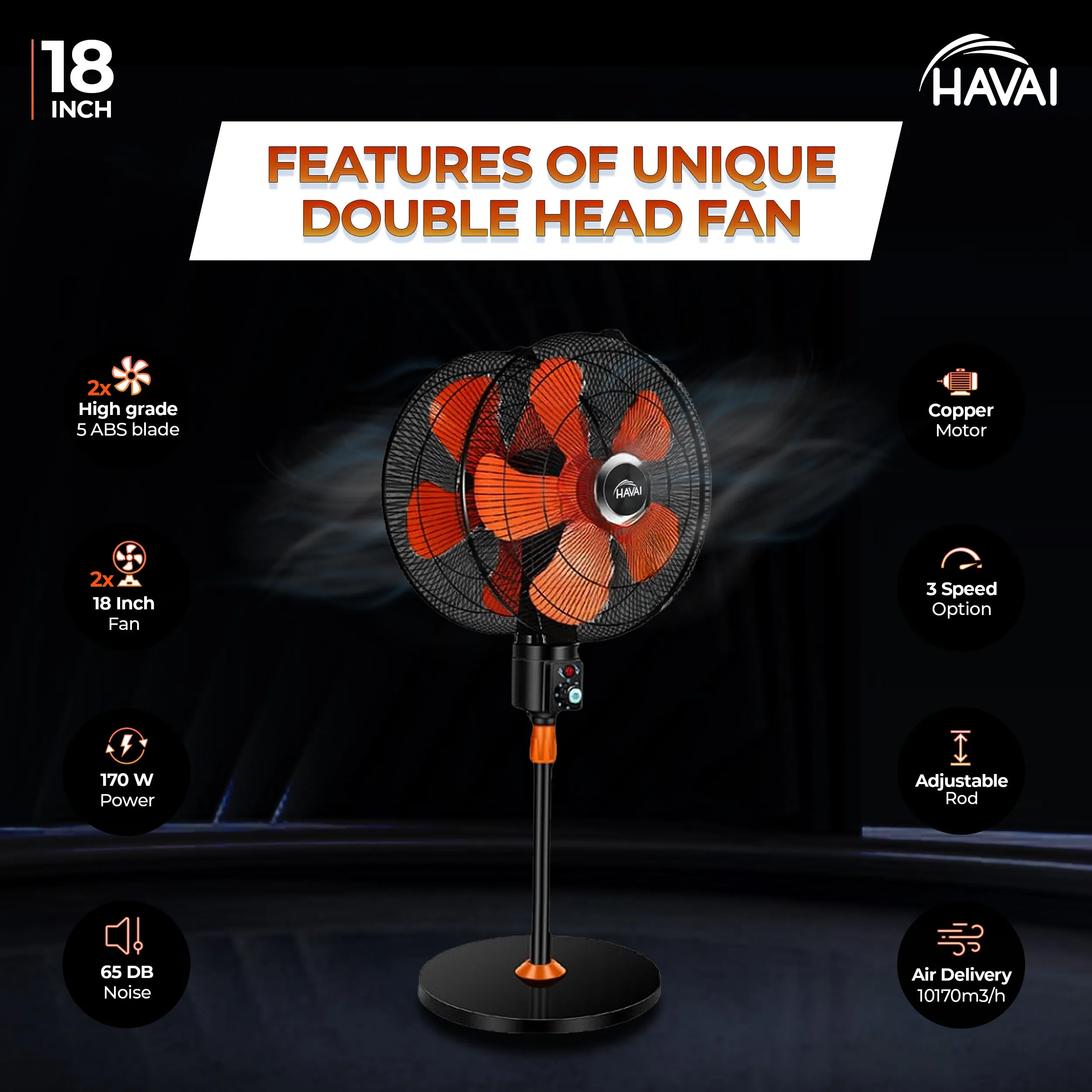 HAVAI DOUBLE HEAD 360 DEGREE FAN |18 INCH|REMOTE CONTROL, DOUBLE HEADED, 360 Degree Coverage, Pedestal | 1 Year Warranty | 3 SPEED CONTROL | ORANGE AND BLACK