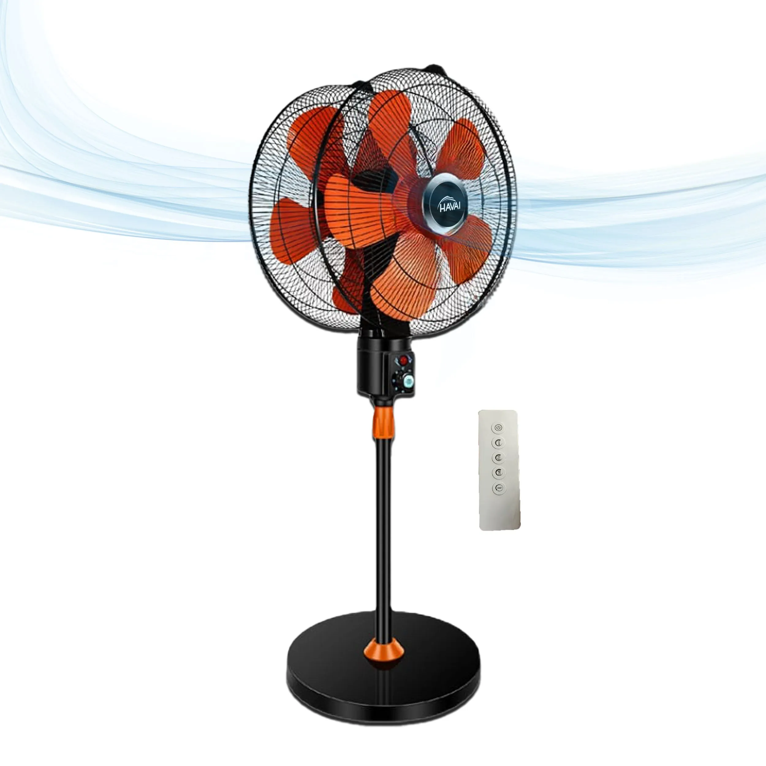 HAVAI DOUBLE HEAD 360 DEGREE FAN |18 INCH|REMOTE CONTROL, DOUBLE HEADED, 360 Degree Coverage, Pedestal | 1 Year Warranty | 3 SPEED CONTROL | ORANGE AND BLACK