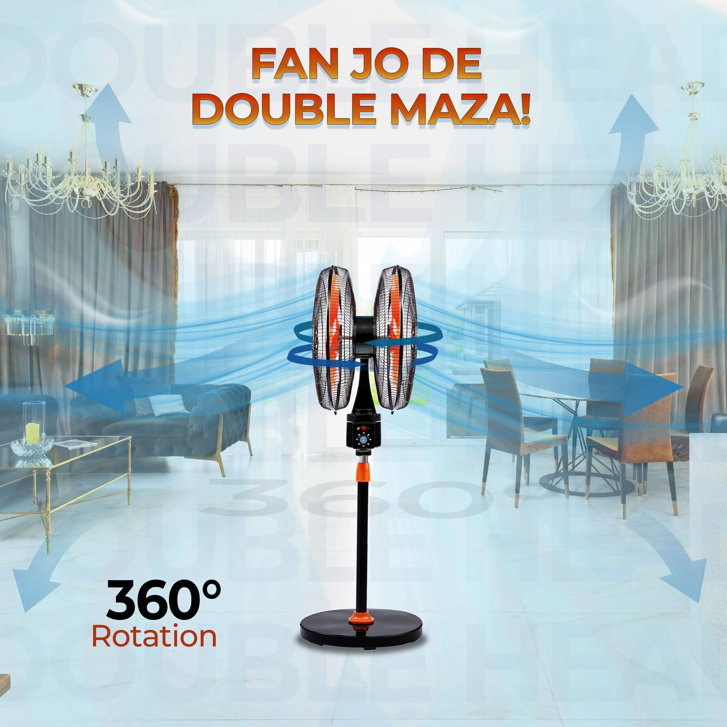 HAVAI DOUBLE HEAD 360 DEGREE FAN |18 INCH|REMOTE CONTROL, DOUBLE HEADED, 360 Degree Coverage, Pedestal | 1 Year Warranty | 3 SPEED CONTROL | ORANGE AND BLACK