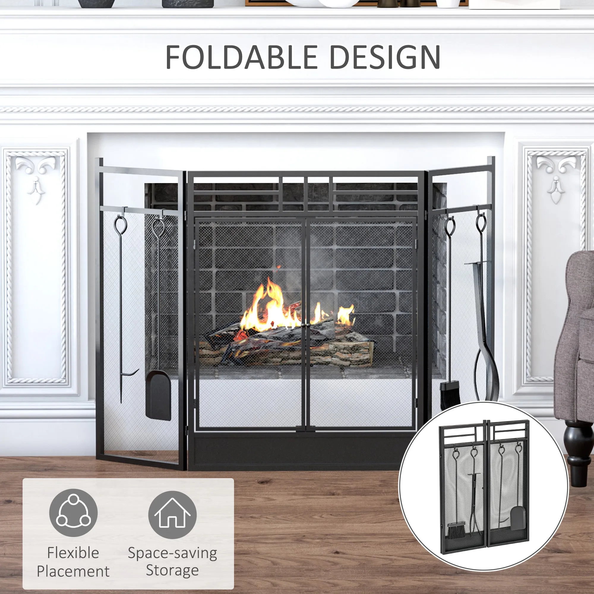 HOMCOM 3 Panel Folding Fire Screen with Double Door Fireplace Tool Accessary