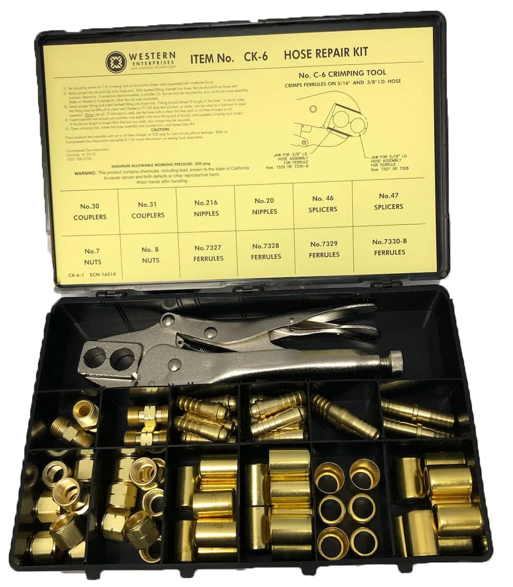 Hose Repair Kit, B-Size Fittings, 3/16 in Hose ID, Hand-Grip 3-Hole Jaw Crimp Tool