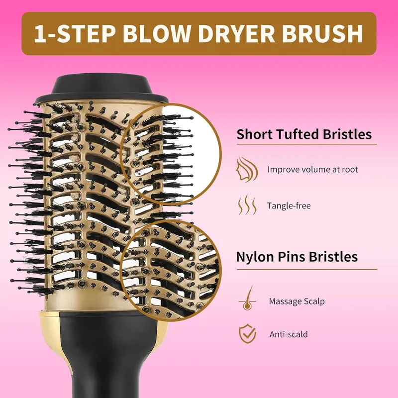 Hot Air Brush Dryer, 1000W, Ceramic Coating, 3 Heat Settings, 360 Swivel Cord