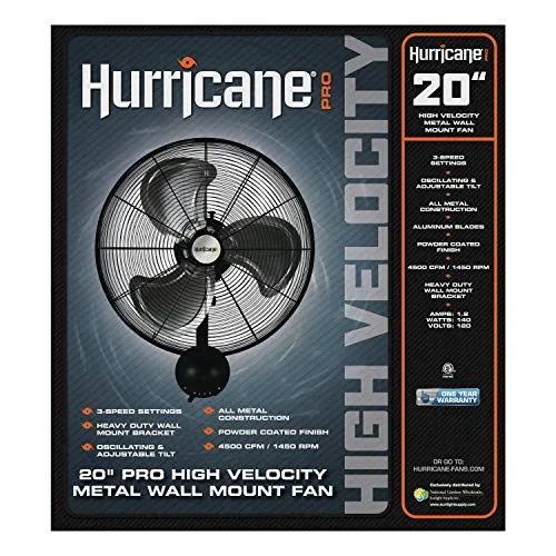 Hurricane Wall Mount Fan - 20 Inch, Pro Series, High Velocity, Heavy Duty Metal Wall Mount Fan for Industrial, Commercial, Residential, and Greenhouse Use - ETL Listed, Black