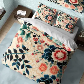 Japanese Pattern Bedding Set, Chrysanthemum Quilt Cover Cotton Duvet Cover, Colorful Flower Blanket Cover Girly Bedroom Bedspread