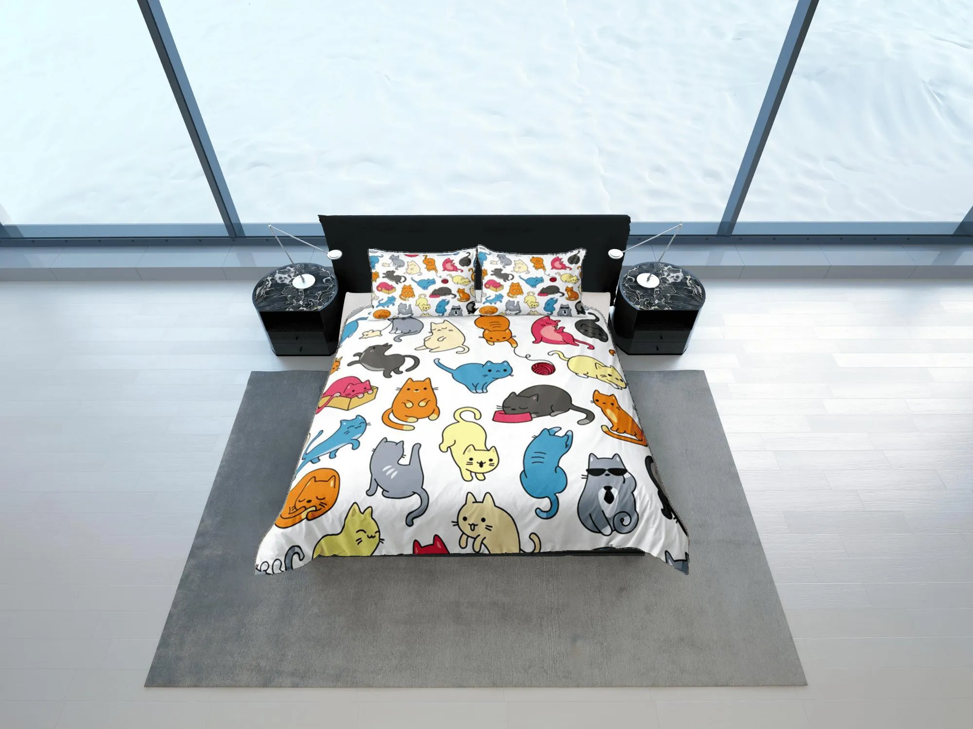 Kids Duvet Cover Set Cute Cats Bedspread, Colorful Dorm Bedding & Pillowcase, King Duvet Cover Full, Queen Duvet Comforter